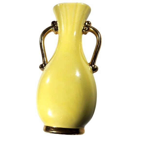 Vtg Vase Yellow Ceramic Gold tone Handles Pinecone cottagecore budvase - Picture 2 of 5